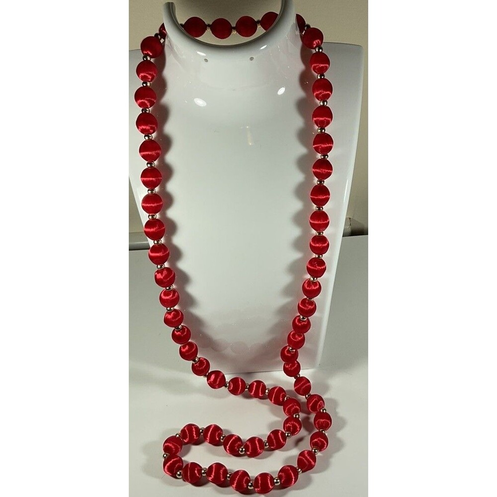 Vintage Red Silk Wrapped Beaded Necklace with Gold Tone Spacers 30" Classic